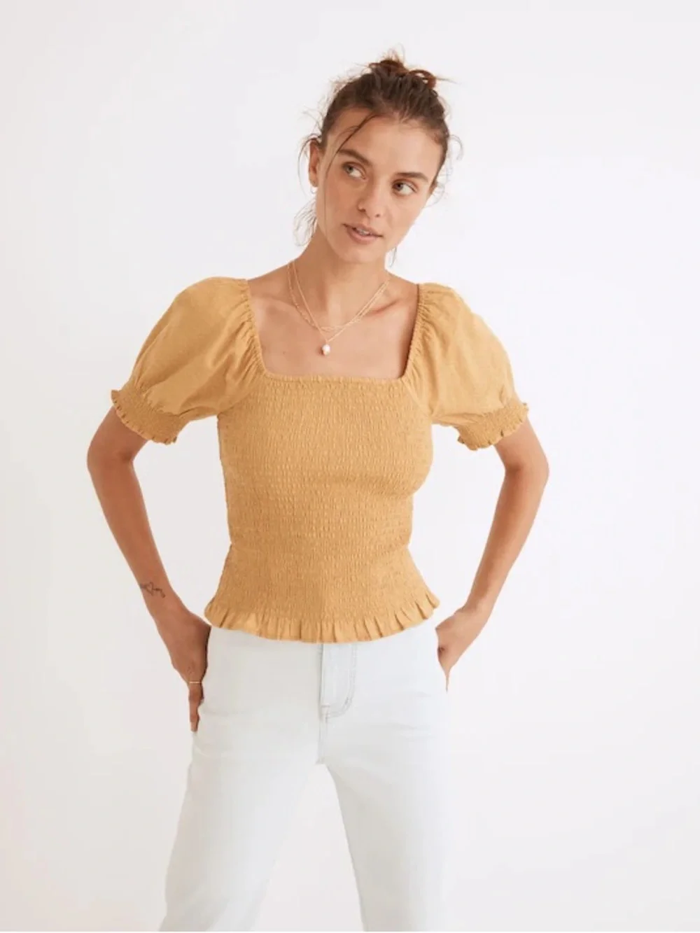 Madewell Lucie Puff-Sleeve Smocked Bodice Cotton Top in Earthen Gold Mustard M